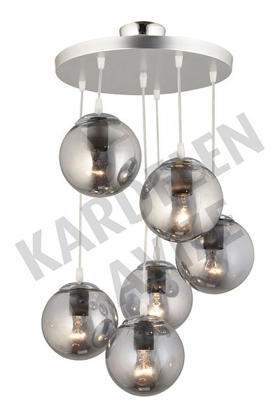 SONSUZ AYDINLATMA&AVİZE 6-Piece Smoked Globe Glass Chrome Pendant Lamp Tray - Luxury Chandelier