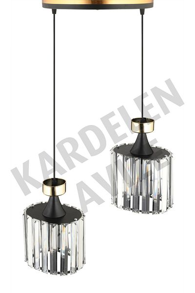 SONSUZ AYDINLATMA&AVİZE Luxury Chandelier - Black 2-Piece Pendant Lamp, Yellow Stripe and Crystal Stone Downward Facing
