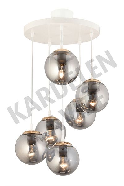 SONSUZ AYDINLATMA&AVİZE 6-Piece White Smoked Ball Globe Glass Pendant Tray - Luxury Chandelier