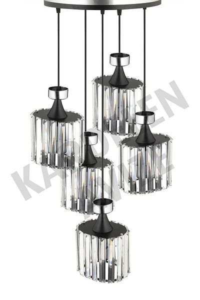 SONSUZ AYDINLATMA&AVİZE 5-Piece Black Crystal Stone and Chrome Strip Luxury Chandelier Facing