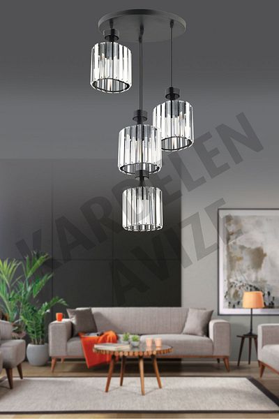 SONSUZ AYDINLATMA&AVİZE 4-Piece Pendant Lamp Crystal Stone Chandelier - Black Facing Down Luxury
