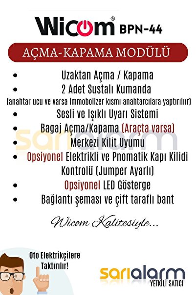 WICOM Oto Merkezi Kilit Uzaktan Açma Kapama Bmw Tipi Kumanda Seti Sustalı 12v