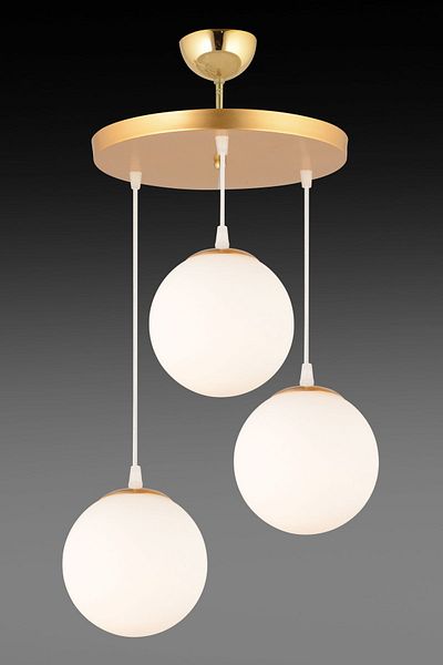 SONSUZ AYDINLATMA&AVİZE Pendant Lamp Tray Gold 3-Piece White Globe Glass Luxury Chandelier