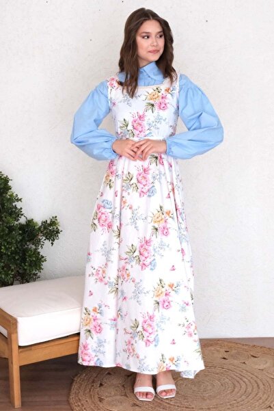 Ceylan Otantik Baby Blue Crop Shirt and Pink Flower Patterned Square Collar G...