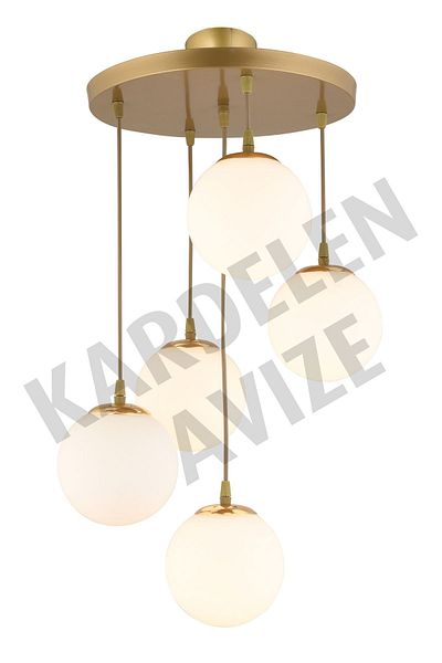 SONSUZ AYDINLATMA&AVİZE 5-Piece White Ball Glass Pendant Tray - Downward Facing Chandelier