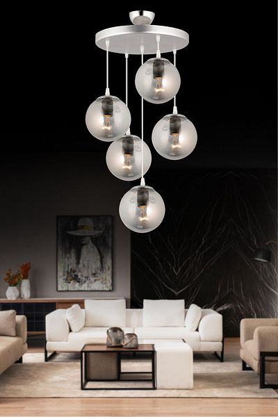 SONSUZ AYDINLATMA&AVİZE Pendant Lamp Tray Chrome 5-Piece Smoked Glop Glass Luxury Chandelier