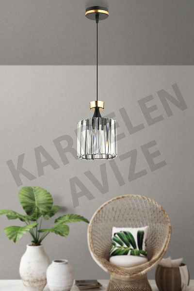 SONSUZ AYDINLATMA&AVİZE Luxury Chandelier - Black Single Pendant Lamp, Yellow Stripe and Crystal Stone Downward Facing