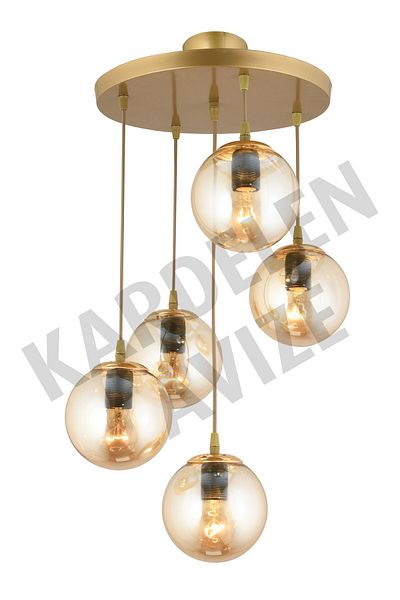 SONSUZ AYDINLATMA&AVİZE 5-Piece Antique Pendant Tray - Honey Ball Glass, Downward Facing Chandelier