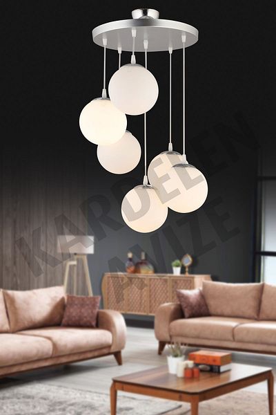 SONSUZ AYDINLATMA&AVİZE 6-Piece White Globe Glass Luxury Chandelier - Pendant Lamp Tray Chrome