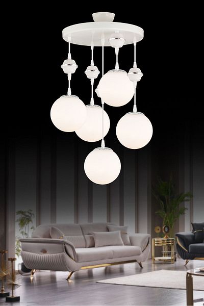 SONSUZ AYDINLATMA&AVİZE Pendant Lamp Tray White 5-Piece White Globe Top Glass Chrome Downward Facing Luxury Chandelier