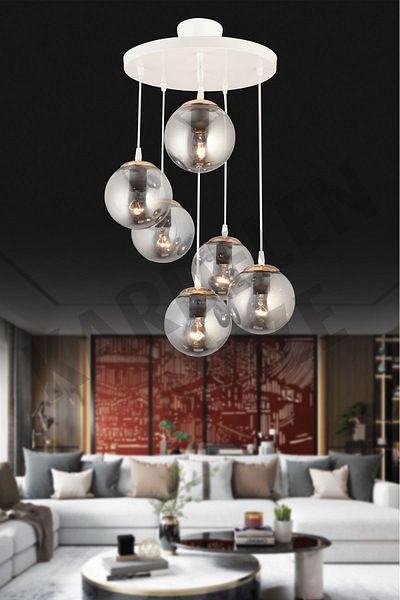 SONSUZ AYDINLATMA&AVİZE 6-Piece White Smoked Ball Globe Glass Pendant Tray - Luxury Chandelier