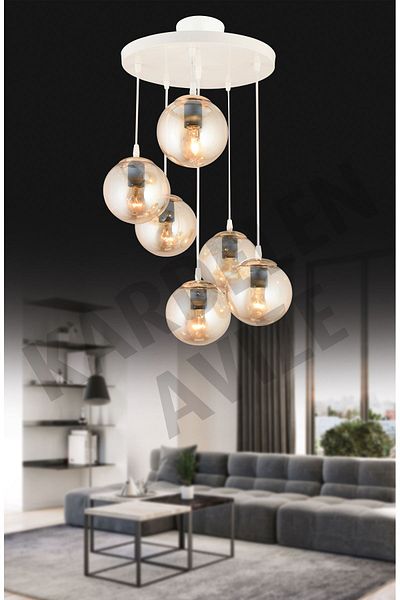 SONSUZ AYDINLATMA&AVİZE White 6-Piece Luxury Chandelier - Pendant Tray, Honey Ball, Globe Glass, Downward Facing