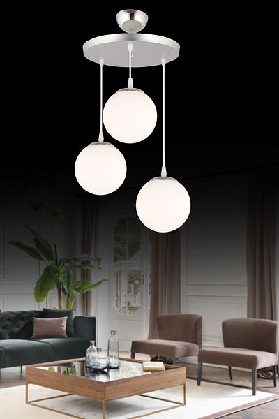 SONSUZ AYDINLATMA&AVİZE Pendant Lamp Tray Chrome 3-Piece White Globe Glass Luxury Chandelier