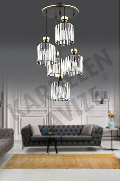 SONSUZ AYDINLATMA&AVİZE 5-Piece Luxury Chandelier with Black Crystal Stones and Yellow Stripe - Downward Facing