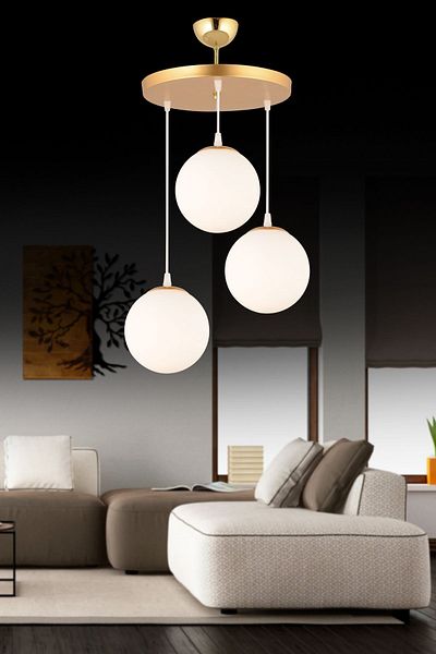 SONSUZ AYDINLATMA&AVİZE Pendant Lamp Tray Gold 3-Piece White Globe Glass Luxury Chandelier