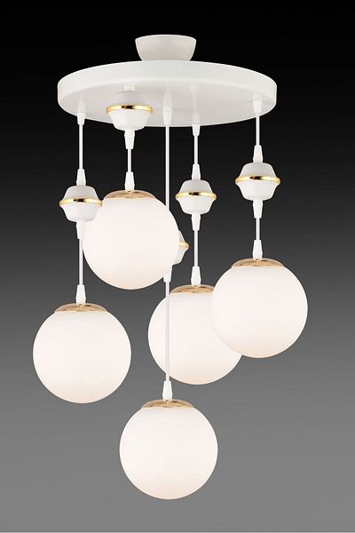 SONSUZ AYDINLATMA&AVİZE Pendant Lamp Tray White 5-Piece White Glop Top Glass Downward Facing Luxury Chandelier