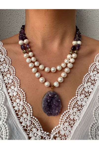 Hazeran accessories Gerçek İncili Ham Ametist Taşlı Kolye