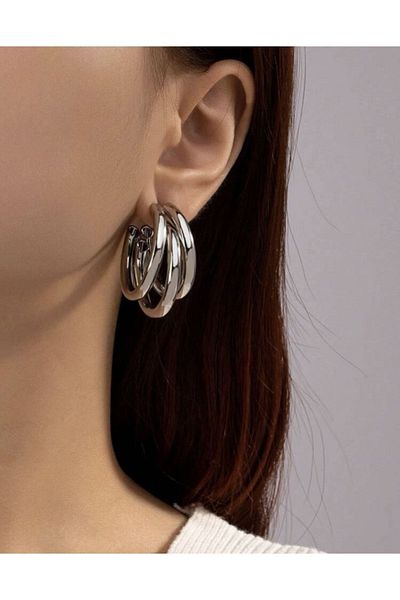 AychaAksesuar Imported Steel silver color 3-piece ring model non-tarnish earrings ring multi-earrings