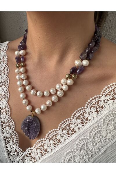 Hazeran accessories Gerçek İncili Ham Ametist Taşlı Kolye