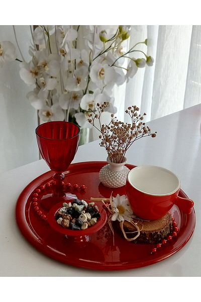 AZRAM HOUSE Decorative round single person red presentation tray