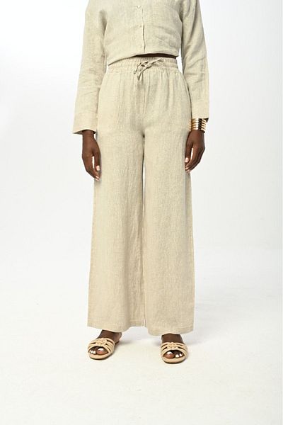 Orfeo Negro Straight Cut - Elastic Waist Women's Trousers, Wide Leg, Natural Color