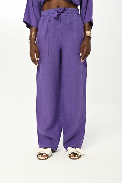 Orfeo Negro Women's - Straight Linen Trousers, Wide Leg and Elastic Waist