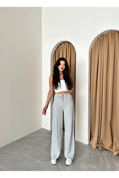 Laluvia Šedé kalhoty Palazzo ze 100% lnu 3455