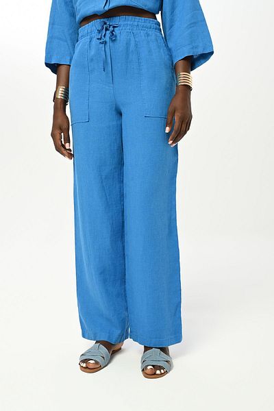 Orfeo Negro Women's - Straight Linen Trousers, Wide Leg and Elastic Waist