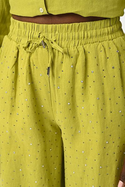Orfeo Negro Stone Embroidered 100% Linen Women's Trousers - Wide Leg and Elastic Waist