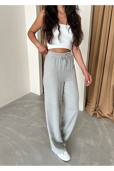 Laluvia Szare 100% lniane spodnie palazzo 3455
