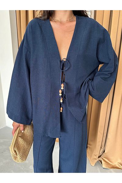 Laluvia Leinen-Kimono-Set – Marineblau mit Perlendetail