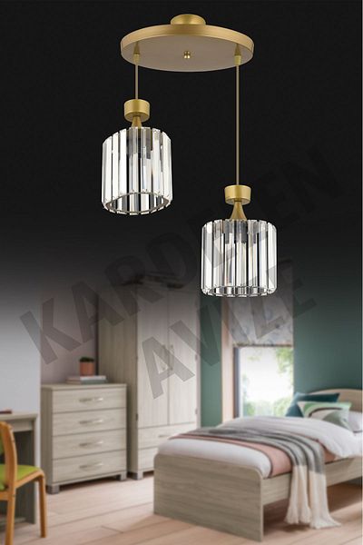 SONSUZ AYDINLATMA&AVİZE 2-Piece Antique - Pendant Lamp Crystal and Stone Detailed Luxury Chandelier Facing