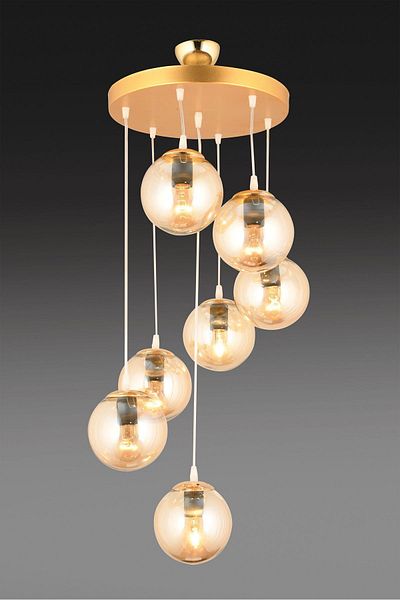 SONSUZ AYDINLATMA&AVİZE 7-Piece Smoked Globe Glass Luxury Chandelier - Endless Pendant Tray