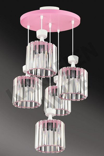 SONSUZ AYDINLATMA&AVİZE 5-Piece Pink Pendant Lamp Crystal Stone Luxury Chandelier - Downward Facing