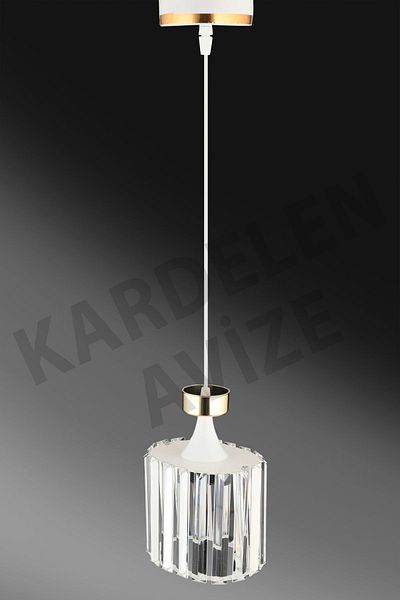 SONSUZ AYDINLATMA&AVİZE Luxury Chandelier - White Single, Pendant Lamp with Yellow Strip and Crystal Stone Facing Down