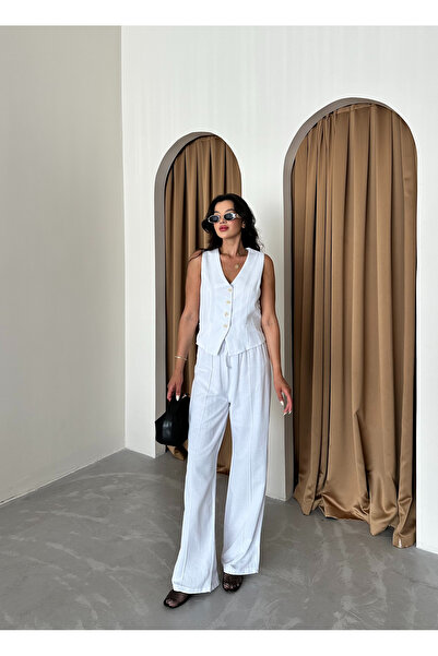 Laluvia Σετ 100% βαμβακερό λινό λευκό γιλέκο και παντελόνι