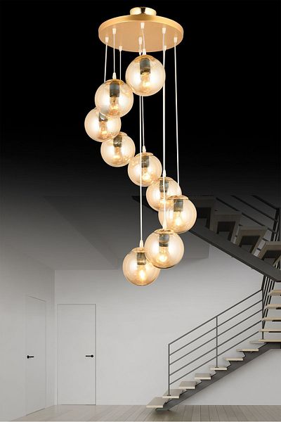 SONSUZ AYDINLATMA&AVİZE Gold 9-Piece Infinite Pendant Lamp Tray - Luxury Chandelier with Honey Globe Glass