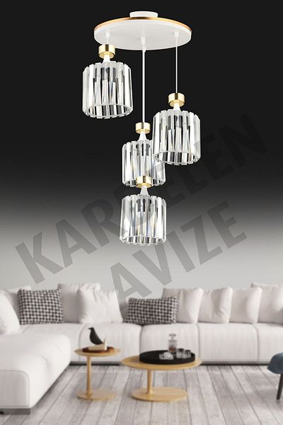 SONSUZ AYDINLATMA&AVİZE Luxury Chandelier - 4-Piece White Pendant Lamp, Yellow Stripe and Crystal Stone Downward Facing