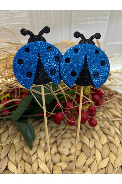 Deniz Party Store Dark Blue Glitter Eva - 5 Ladybugs with 18 cm Long Toothpicks