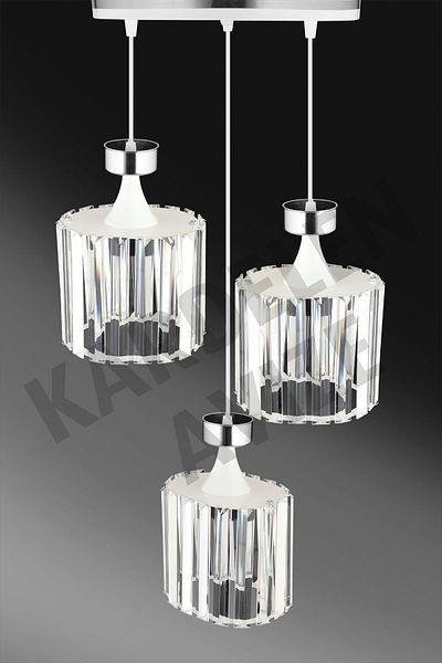 SONSUZ AYDINLATMA&AVİZE Luxury Chandelier - 3-Piece White Chrome Strip and Stone Pendant Lamp Crystal Downward Facing Set