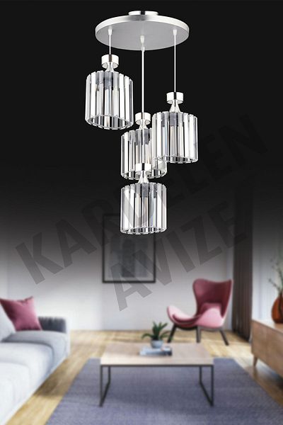SONSUZ AYDINLATMA&AVİZE Luxury Chandelier - Chrome 4-Piece Pendant Lamp with Crystal and Stone Downward Facing