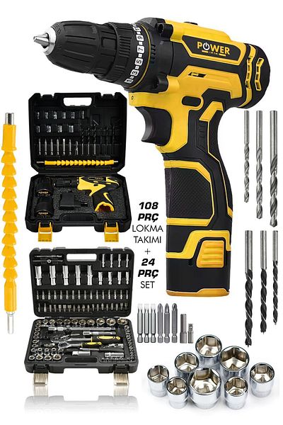 POWER BLACK 132 Pcs Professional Glossy Socket Set - Shielded Steel Transmission2Battery Powered Drill with Crv Steel Gift