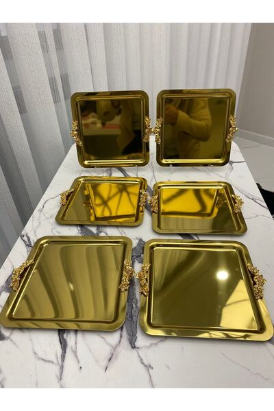 Mira züccaciye Lüx Kare 6 Lı Kalın Kulplu Gold Kaplama Model Çay,kahve,ikram Servis Sunum Tepsisi 21x21