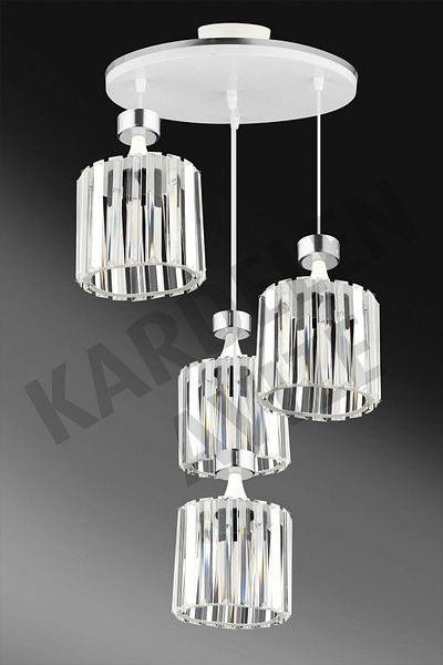 SONSUZ AYDINLATMA&AVİZE Luxury Chandelier - 4-Piece White Pendant Lamp, Chrome Strip and Crystal Stone Facing