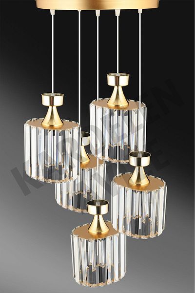 SONSUZ AYDINLATMA&AVİZE Luxury Chandelier - 5-Piece Gold Pendant Lamp with Crystal Stone Downward Facing