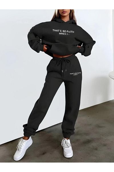AFROGİYİM Γυναικεία Oversize Thats Series 2 Σετ φόρμας με στάμπα με κουκούλα