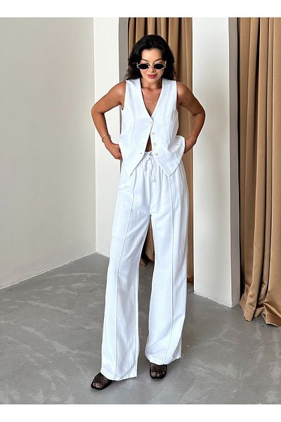 Laluvia Set de pantaloni și vestă albă din in 100% bumbac