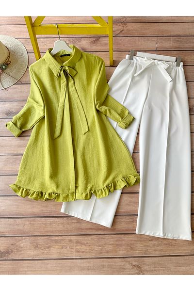 MODAQU Oil Green Tunic and Trousers Set - Ruffle Detailed