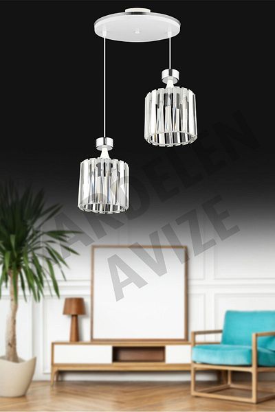 SONSUZ AYDINLATMA&AVİZE Luxury Chandelier - 2-Piece White Pendant Lamp, Chrome Strip and Crystal Stone Downward Facing
