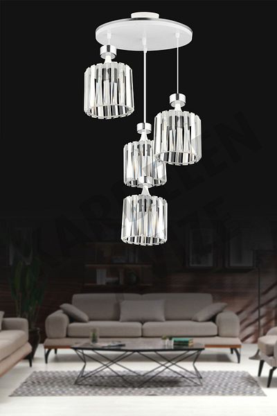 SONSUZ AYDINLATMA&AVİZE Luxury Chandelier - 4-Piece White Pendant Lamp, Chrome Strip and Crystal Stone Facing